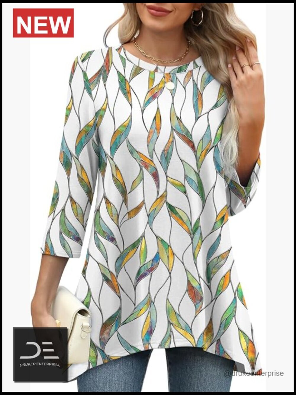 Womens Tunic Top 3/4 Sleeve Loose Fit Dressy Asymmetrical Hem Blouse